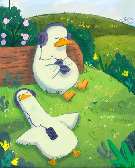 Me listening to laufey........ I can't fit the whole illustrations in the post😭😭(see reel for the full artwork) Made in Procreate #digitalillustration #digitalillustration #procreate #fyp #laufey #music #ducks Duck Listening To Music, Duck Illustration Cute, Animated Duck Wallpaper, Music Listening Illustration, Duck Illustration Wallpaper, Duck Graphic Design, Duck And Ducklings Illustration, Duck Illustration, Music Illustration