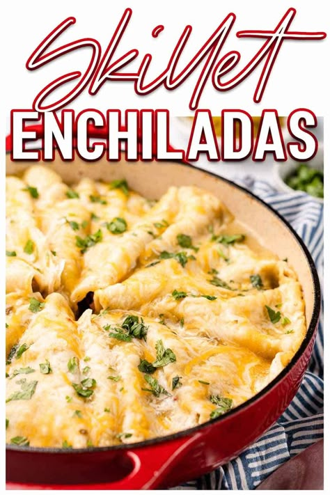 This easy chicken enchiladas recipe can be made in only 30 minutes, and only using the stove top! Seasoned chicken is combined with cheese and black beans and stuffed inside corn tortillas. The tortillas are loaded in a skillet with lots of enchilada sauce and more cheese, and heated until bubbly and the cheese is nice and melty. A great quick and easy weeknight dinner idea! Chicken Skillet Enchiladas, Dorm Recipes, Skillet Enchiladas, Easy Chicken Enchiladas, Easy Chicken Enchilada Recipe, Stove Top Chicken, Chicken Enchiladas Recipe, Enchilada Ingredients, Chicken Enchiladas Easy