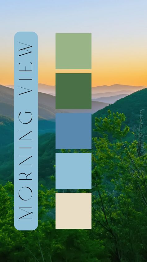 Morning View Color Palette by Felicity & Lilac Events Morning Colour Palette, Sunday Morning Color Palette, Summer Mountain Color Palette, Moonlit Summer Color Palette, June Color Palette, Morning Color Palette, Morning Sky Color Palette, Sunlit Spring Color Palette, Color Thesaurus