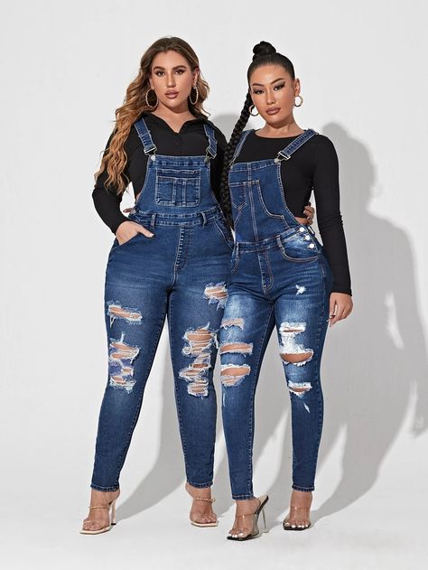 Plus 1pc Ripped Denim Overalls Without Tee | SHEIN USA Ripped Denim Overalls, Plus Size Denim, Women Plus Size, Ripped Denim, Denim Overalls, Jumpers For Women, Denim Women, Fashion Nova, Capri Pants