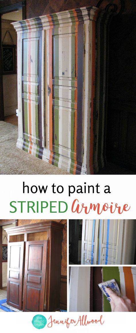 How to Painted A Striped Armoire for a Boys Nursery | Jennifer Allwood | Painted Furniture Ideas | Painted Wardrobe Black Distressed Cabinets, Armoire Repurpose, Jennifer Allwood, Painted Furniture Ideas, Quirky Furniture, Painted Wardrobe, Paint Tips, Paint Your House, Yellow Door