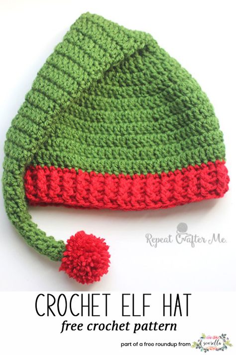 Crochet these christmas elf santa hats from Repeat Crafter Me from my last minute christmas free pattern roundup! Crochet Elf Hat Pattern, Crochet Elf Hat, Crochet Elf, Crochet Christmas Hats, Crochet Stocking, Repeat Crafter Me, شال كروشيه, Mode Crochet, Christmas Patterns