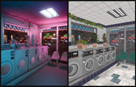 ArtStation - Laundromat at Night Bloxburg Laundromat Exterior, Bloxburg Laundromat Ideas, Laundry Mat Bloxburg, Laundromat Decals Bloxburg, Bloxburg Laundry Mat, Laundromat Bloxburg, Laundromat Exterior, Bloxburg Laundromat, Bloxburg Business