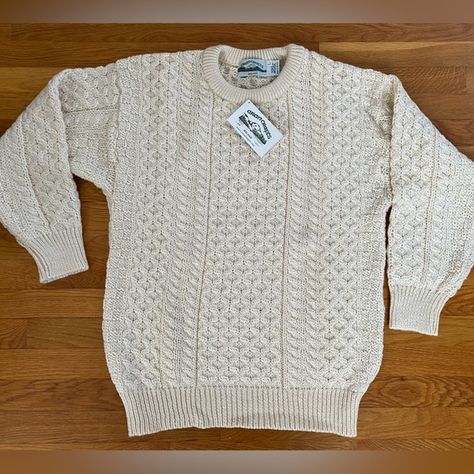 Aran Crafts Irish Wool Sweater, L, NWT Men's White Fishermen Knit Sweater Irish Wool Sweater, Irish Knit Sweaters, Irish Wool Sweaters, Fisherman Knit Sweater, Chunky Cable Knit Sweater, Aran Sweater, Fisherman Sweater, White Sweater, Knit Crewneck