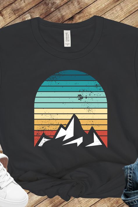 Vintage Tropical Mountain Sunset Glitch T-Shirt - Colorful Palm Beach Tee for Nature Lovers - Unisex Graphic Tee with Retro Vibe Beach Mountain, Geometric Nature, Nature Tees, Vintage Tropical, Beach Tee, Mountain Sunset, Tshirt Design, Retro Vibe, Tee Design