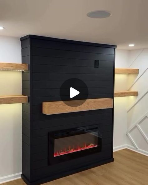 INTERIOR DESIGN & DECOR on Instagram: "Thought about this Custom Electric fireplace with a hidden drawer and floating shelves!? • • • #floatingshelves  #diyfireplace #electricfireplace #carpentry #carpenter  #woodworking #shiplap #finewoodworking  #featurewall #beforeandafter #handmade #floatingshelves #shelves" Diy Fireplace With Shelves On Side, Shiplap Fireplace With Floating Shelves, Floating Fireplace Ideas, 2024 Thought, Shiplap Fireplace Ideas, Wooden Accent Wall, Floating Fireplace, Hidden Drawer, Fireplace Shelves