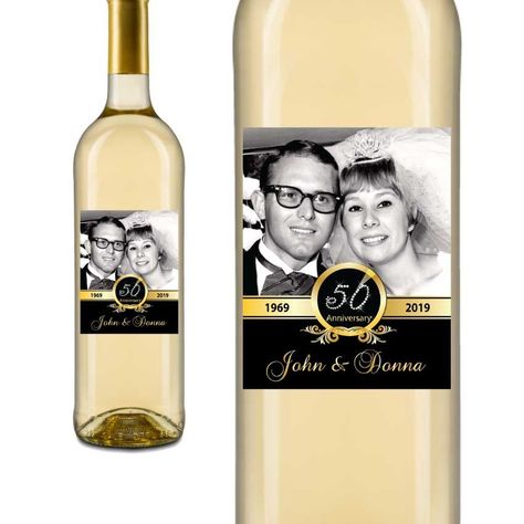 50th Anniversary Wine Labels Featuring a photo from your wedding day, this wine favor makes a very special addition to your celebration. Product Features: Minimum order 1 set of 4 labels Wine labels are self-adhesive (peel and stick) Measure 4 inches x 5 inches Fit most 750 ml bottles Mini labels measure 2 inches x 3 inches Mini labels fit most 187 ml bottles Printed on gloss stock in four color process Assembly Required Will not bleed and can withstand a bucket of ice water Labels ship within 2 Anniversary Wine Labels, Wine Favors, Mini Wine Labels, Birthday Labels, Vintage Wedding Photos, Wine Tags, Ice Water, Wine Bottle Labels, 50th Wedding Anniversary