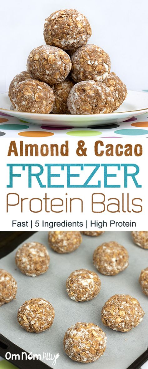 Almond & Cacao Freezer Protein Balls | @OmNomAlly Breakfast Ideas Healthy Protein, Low Cal Protein, Cocoa Almonds, Good Protein Snacks, Almond Balls, Protein Products, Breakfast Ideas Healthy, Recipes Protein, Protein Balls Recipes