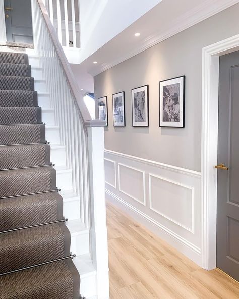 Stairs And Hallway Ideas, Stair Paneling, House Staircase, Hallway Inspiration, Narrow Hallway Decorating, Cozy Basement, Home Hall Design, Hallway Designs, Hallway Design