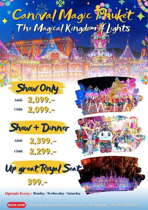 Accepting reservations and selling tickets for shows and dinners. 📢 Carnival Magic Phuket 📢 Carnival Magic : Phuket’s newest nighttime theme park and entertainment venue, Carnival Magic, is situated right adjacent to Phuket Fantasea. Games, street performances, rides, and parades are among the Thai cultural carnival-style attractions present in the park. Opening Hour ⏱️ Park Open 17.30 pm. – 23.30 pm. ⏰ Open every : Monday, Wednesday, & Saturday Carnival Magic Location : Carnival Magic is ... Carnival Magic Phuket, Puckett Thailand, Phuket Walking Street, Phuket Fantasea, Old Phuket Town Thailand, Phuket Elephant Sanctuary, Carnival Magic, Magic Show, Street Performance