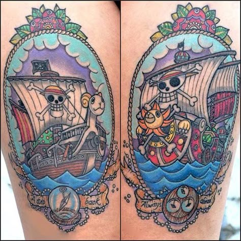 by Ester Mazzucchelli One Piece Sunny Tattoo, One Piece Ship Tattoo, Thousand Sunny Tattoo, Going Merry Tattoo, Tattoo American Traditional, Sunny Go, One Piece Tattoo, Circus Tattoo, Going Merry