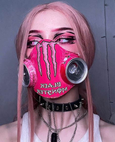 Monster Energy Makeup, Monster Energy Gas Mask, Monster Energy Mask, Cyberpunk Reference, Monster Drink, Avatar Makeup, Decora Style, Aesthetic Mask, Hippie Makeup