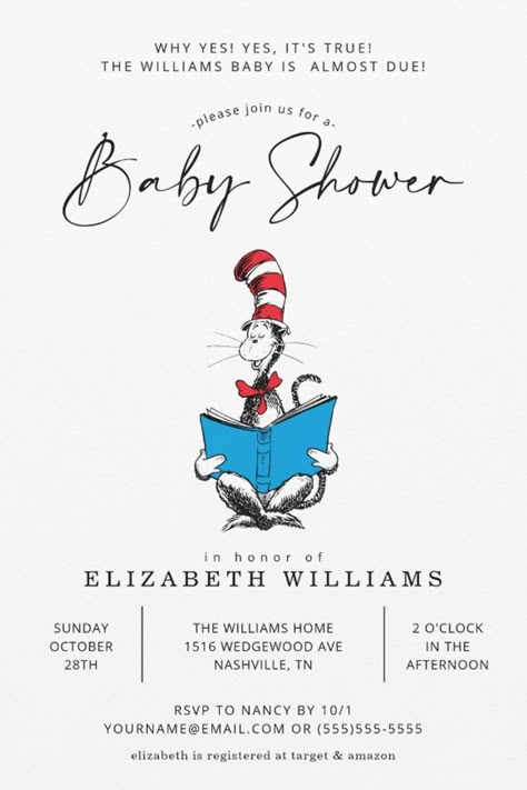 Dr. Seuss - The Cat in the Hat Shower Invitation
Personalize these sweet Cat in the Hat Baby Shower invites with all your shower details. Cat In The Hat Baby Shower Ideas, Dr Suess Baby Shower Ideas, Dr Seuss Baby Shower Ideas, Dr Seuss Invitations, Dr Suess Baby, Dr Seuss Nursery, Dr Seuss Baby Shower, The Cat In The Hat, Sweet Cat