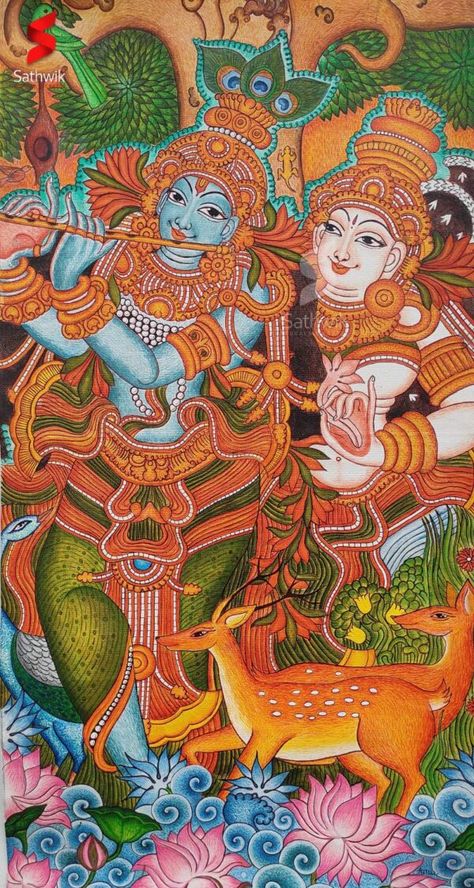 Radha Madhavam Mural Painting, Mural Painting Kerala, Lord Krishna Radha, Deities Art, Mural Art Design, Kalamkari Designs, Mural Paintings, Lotus Flower Art, Kerala Mural Painting