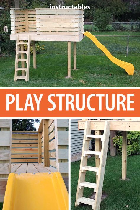 Diy Fort With Slide, Playground Ladder Ideas, Simple Play Structure Diy, Diy Play Platform, Outdoor Diy Playground, Diy Play Fort Outdoor, Diy Pallet Playground, Diy Swingset Plans How To Build, Diy Playhouse Outdoor Cheap Simple