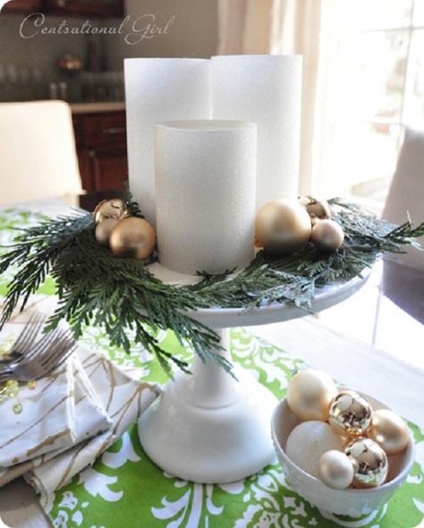 21 Chic ways to decorate with cake stands — yes, really – SheKnows Cake Pedestal Decor Ideas, Cake Pedestal Ideas Display, Cedar Centerpiece, Pine Ornaments, Cake Stand Centerpiece, Plate Centerpiece, Mirror Outdoor, Cake Stand Decor, Chirstmas Decor