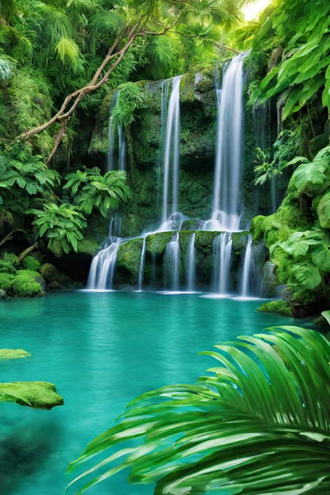 AI Generated Image #tropical #waterfall Tropical Rainforest Waterfall, Waterfall Tattoo, Tropical Waterfall, Beautiful Places In Usa, Waterfall Wallpaper, Forest Waterfall, Horse Wallpaper, Pretty Landscapes, Tropical Forest