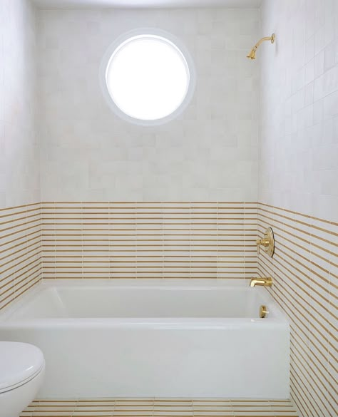 Modern Funky Bathroom, Kohler Tub, Custom Bathtub, Cedar And Moss, Striped Tile, Sarah Sherman, Sarah Sherman Samuel, Gorgeous Tile, Shower Fixtures