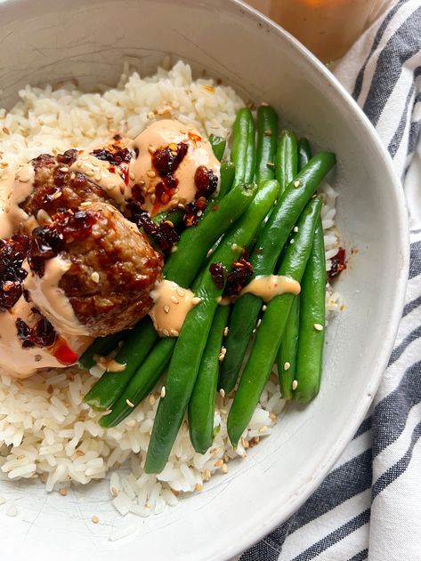 Firecracker Meatballs with Coconut Rice and Green Beans — The Salt And Stone Meatballs And Green Beans, Couple Meals, Firecracker Meatballs, Hello Fresh Dinners, Rice And Green Beans, Salt And Stone, Fresh Dinners, Firecracker Sauce, Meatball Dinner