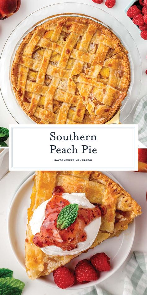 Southern Peach Pie a juicy peach pie using fresh peaches baked in a flaky, buttery lattice crust. Serve with raspberry sauce and ice cream! Southern Peach Pie, Peaches Baked, Pie Board, Dips Appetizers, Gf Treats, Lattice Crust, Peach Dessert, Peach Pie Recipes, Dessert Pie Recipes