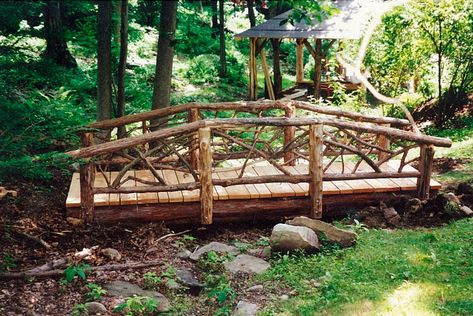 Cedar Bridge Garden Bridge Design, Backyard Bridges, Outdoor Bridges, Lake Landscaping, Concrete Sculpture, Wooden Bridge, Concrete Art, Unique Gardens, Garden Features