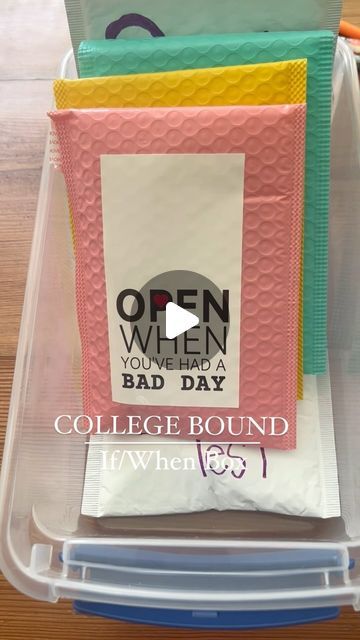 Laurin Collar on Instagram: "The easiest way to stay connected to your college kid when they are miles away.  Make an if/when box with letters and treats to open as needed.  •Comment BOX for links.  You can use premade envelope or make your own!  •Save these ideas: 1st day of class- gum, we are “extra” proud of you  Bad day- include a dad joke  First exam- smarties “you got this!” Just because- Reese’s pieces, “love you to pieces!” Not feeling great- get well soon note  1st Game Day- Something in the school colors  Bored- playing cards  Tired- under eye masks  Missing Home- pics of family pets  Late night studying- coffee gift card •You can get creative!  They will love opening the treats! • • #collegebound #collegebound🎓 #collegemom #sentimentalgifts" College Care Package Ideas, Under Eye Masks, Coffee Gift Card, College Mom, Coffee Gifts Card, Love You To Pieces, Package Ideas, College Care Package, College Kids