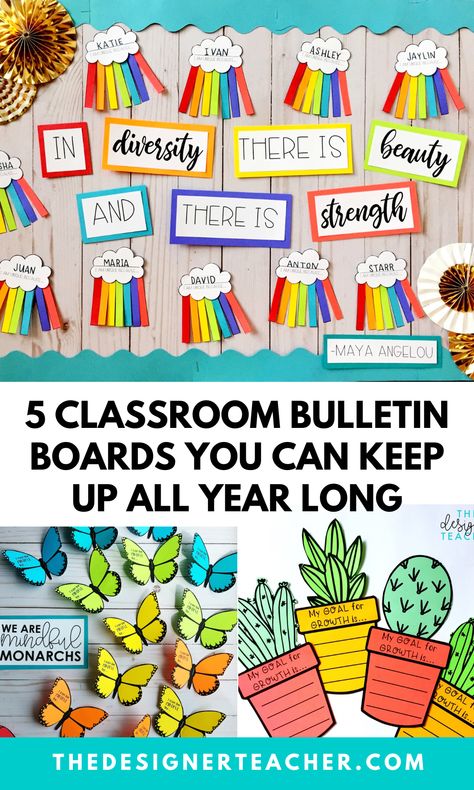 Need classroom bulletin board ideas? These evergreen bulletin boards can stay up all year long! Positive Classroom Bulletin Boards, Bulletin Boards That Can Stay Up All Year, Grade 2 Bulletin Boards, Bulletin Board Theme Ideas, Student Support Bulletin Board, Personal Bulletin Board Ideas, Small Bulletin Board Ideas Classroom, Second Semester Bulletin Boards, Board Designs Ideas School