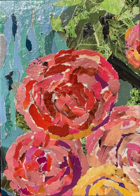 Paper Roses Torn Paper Flowers, Flower Collage Art Project, Rose Collage Wallpaper, Paper Collage On Canvas, Torn Paper Collage Flowers, Torn Paper Art, Collage Torn Paper, Torn Paper Flower Collage, Red Roses Collage