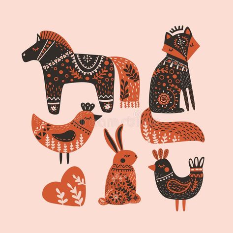 Wild Folk Art Animals Flat Vector Set Stock Vector - Illustration of cute, fabric: 166378352 Folk Art Animals, Arte Folk, Hand Drawn Vector Illustrations, Art Animals, Hand Drawn Vector, Flat Style, Watercolor Animals, Scandinavian Style, Linocut