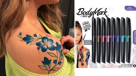 This BodyMark By BIC Temporary Tattoo Marker Review Made Everyone Think I Got A Real Tattoo Tattoo Markers, Tattoo Marker, Make Temporary Tattoo, Diy Tattoo Permanent, Tattoo Diy, Serpent Tattoo, Strength Tattoo, Elite Daily, Boris Vallejo