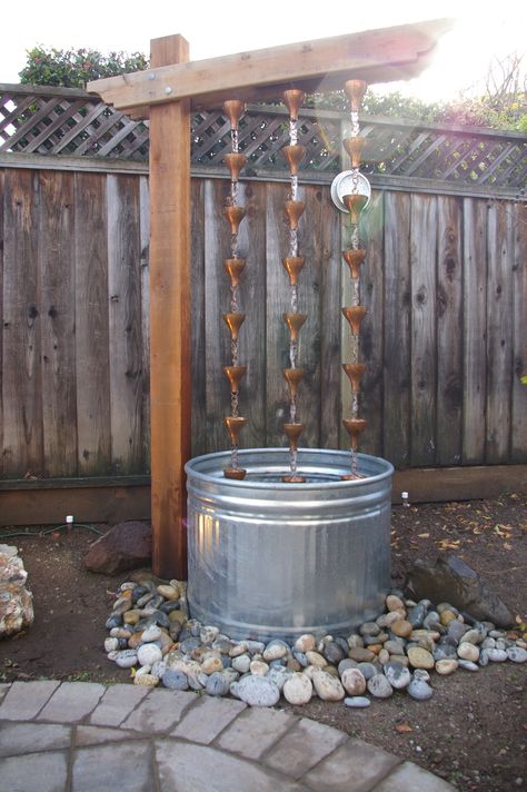 No backyard landscape job is complete without a water feature. This was high on my wife’s list both to provide some pleasant ambient sound and to act as a focal point. The common DIY water fe… Rain Chain Fountain, Rain Chain Diy, Backyard Water Fountains, Water Fountain Design, Diy Water Feature, Diy Water Fountain, Outdoor Water Features, Diy Fountain, Backyard Water Feature