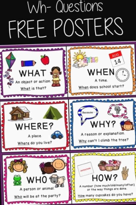 Wh Questions Flashcards, Who Where What When Why, Classroom Language For Kids, Question Words Poster, Wh Questions Kids, English Classroom Posters, Who Questions, Classroom Posters Free, Who What Where