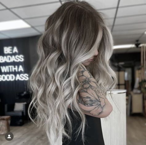 Icey Balayage Hair, Icy Blonde With Dimension, Ash Grey Balayage Brunettes, Smudge Root Blonde Balayage, Brunette Silver Balayage, Ashy Dirty Blonde Hair, Dramatic Balayage, Dimensional Ash Blonde, Platinum Blonde With Dark Roots