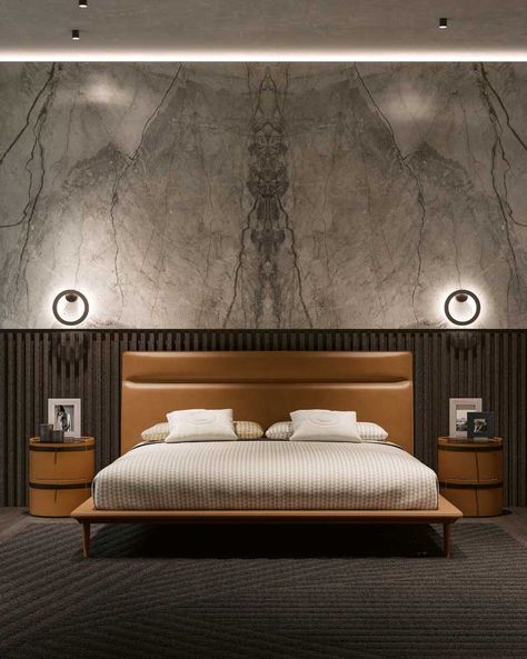 Marble Wall Bedroom, Modern Leather Bed, Bed Side Table Design, Leather Double Bed, Leather Bedside Table, Luxury Bedroom Interior Design, Marble Bedroom, Bed Back Design, Luxury Bedroom Furniture