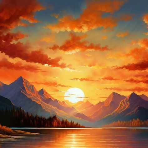 Sun Landscape Painting, Mountain Lake Sunset Painting, Sun Rise Mountains, Mountain Sunset Landscapes, Small Joys, Sun Rays In Forest, Distant Mountains, Lake Scene, Painting Sunset