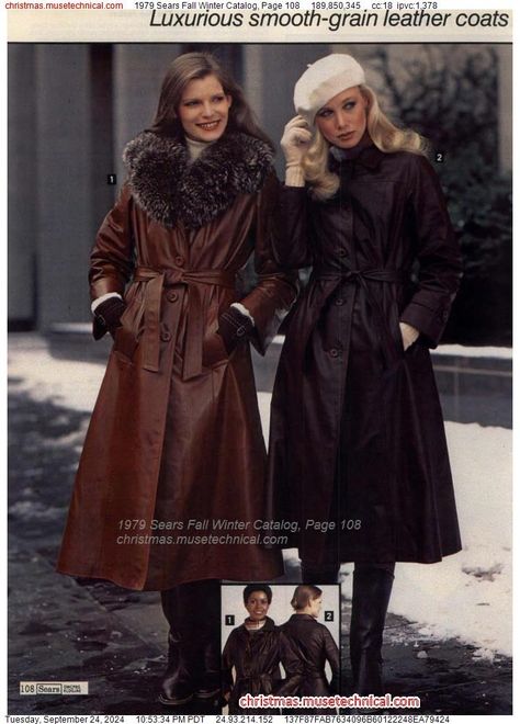 1979 Sears Fall Winter Catalog, Page 108 - Catalogs & Wishbooks 70s Winter Fashion, 60s Winter Fashion, 70s Winter, Leather Coat Womens, Old Boots, 80s And 90s Fashion, Long Leather Coat, Seventies Fashion, Winter Trench Coat