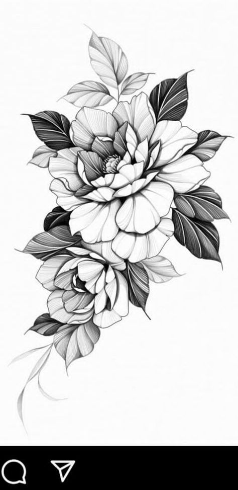 Two Peonies Tattoo, Stipple Flower Tattoo Design, Leaves Flowers Tattoo, Floral Mandala Tattoo Leg, Realistic Flowers Tattoo, Shadow Flower Tattoo, Ornamental Flower Design, Fineline Peony Tattoo, Peony Flower Illustration