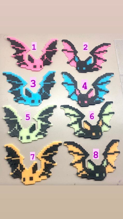 Perler Bats Flat Ironed with Glow in the dark beads used Perler Bead Gorillaz, Perler Glow In The Dark, Perler Beads Wednesday, Glow In The Dark Perler Bead Ideas, Killua Perler Beads, Perler Bead Bracelet Diy, Best Perler Bead Patterns, Perler Bead Banana, Perler Bead Inspiration