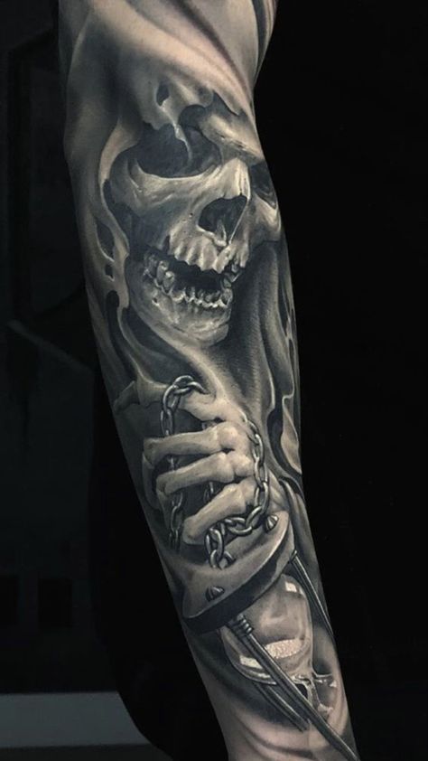 Reaper Motorcycle Tattoo, Grim Reaper Tattoos, Evil Skull Tattoo, Grim Reaper Tattoo, Hourglass Tattoo, Reaper Tattoo, Skull Sleeve Tattoos, Realistic Tattoo Sleeve, Skull Sleeve