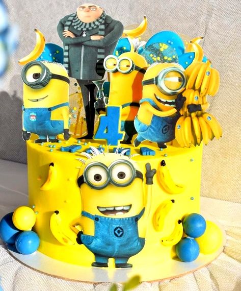 4th Birthday Party For Boys, 6th Birthday Cakes, Minion Birthday, Fake Cake, Birthday Party Cake, 4th Birthday Parties, Party Cake, Boy Birthday Parties, 7th Birthday