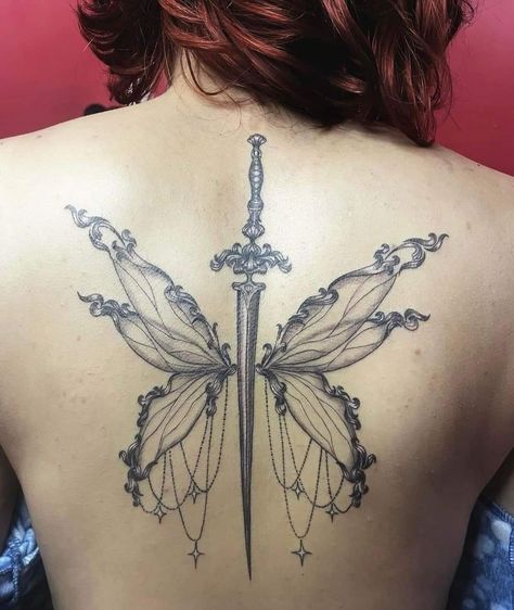 Faerie Wing Tattoo, Fair Wing Tattoo, Tattoos Wings Back, Fairy Back Tattoo Wings, Fairy Spine Tattoos For Women, Fairy Wing Spine Tattoo, Anime Back Tattoo Women, Celtic Fairy Tattoo, Dark Fairy Wings Back Tattoo