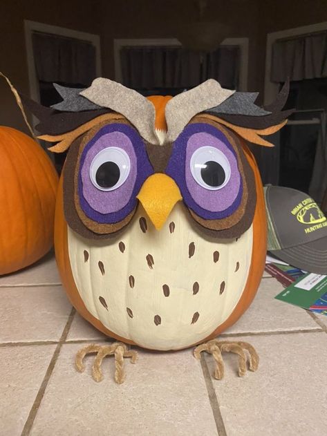 Animal Themed Pumpkins, Owl Painted Pumpkin, Owl Pumpkin Painting, Owl Pumpkin Decorating, Pumpkin Decorating Diy, Halloween Pumpkin Crafts, Carve Pumpkins, Creative Pumpkin Decorating, Owl Pumpkin