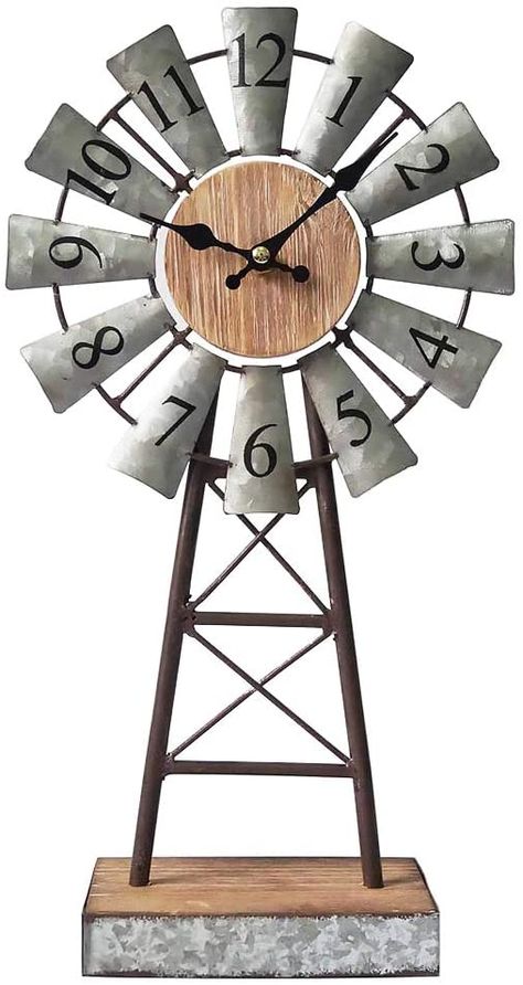 MODE HOME Galvanized Windmill Table Clock on Stand Vintage Desk Clock Decorative Farmhouse Kitchen Clock Mantle Clock Windmill Clock, Farmhouse Shelves Decor, Galvanized Decor, Farmhouse Clocks, Windmill Decor, Farmhouse Table Decor, Kitchen Clock, Small Clock, Windmill Design