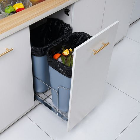 VEVOR Pull-Out Trash Can, 35L Double Bins, Under Mount Kitchen Waste Container with Soft-Close Slide - Wayfair Canada Recycling Bins Kitchen, Pull Out Trash Cans, Garbage Recycling, Trash Containers, Messy Kitchen, Waste Container, Kitchen Trash Cans, Kitchen Waste, Tidy Kitchen