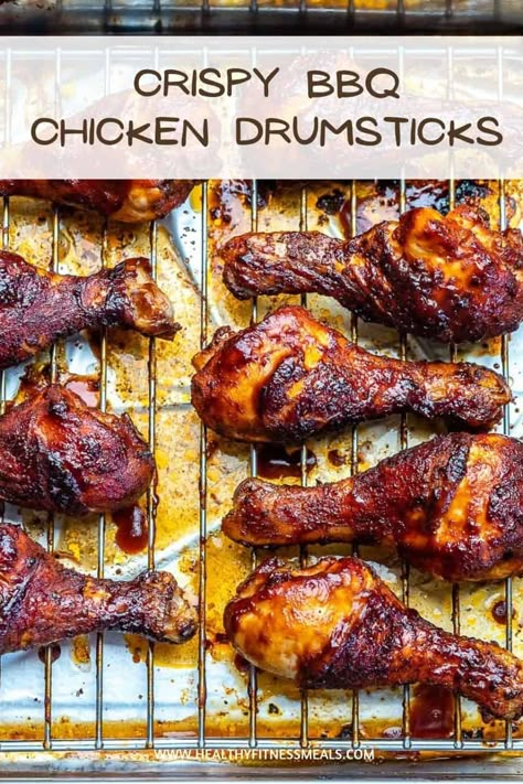 These Baked chicken drumsticks are so crispy on the outside, tender on the inside, and easy to make. Made with a sweet and tangy BBQ sauce, it is the perfect chicken recipe to serve your guests all year round.  #drumsticks #chickenrecipe #bbqchicken via @healthyfitnessmeals Barbeque Chicken Drumsticks In The Oven, Bbq Chicken In Oven Drumsticks, Barbecue Chicken Drumsticks Oven, Crispy Baked Bbq Chicken Drumsticks, Crispy Bbq Chicken Legs In The Oven, Chicken Legs And Wings Recipes Oven Baked, Barbeque Drumsticks Oven, Baked Barbeque Chicken Drumsticks, Barbecue Drumsticks In Oven