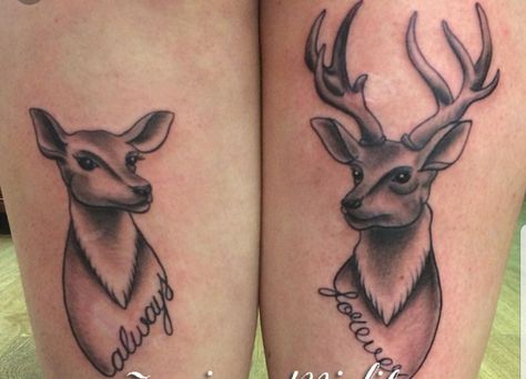 Couples Deer Tattoos, Western Couple Tattoos, Shin Tattoos, Couple Tats, Deer Tattoos, Doe Tattoo, Deer Tattoo Designs, Western Couple, Couple Tattoos Love