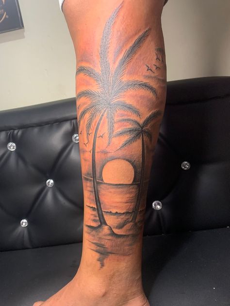 Palm Tree Silhouette Tattoo, One Of One Tattoo Men, Palm Tree Back Tattoo, Be Like Water Tattoo, Jamaican Tattoo Ideas For Men, Barbados Tattoo, Florida Tattoo Ideas For Men, Jamaica Tattoo Ideas, Miami Tattoo Ideas