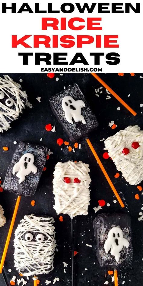 Halloween Rice Crispy Treats, Halloween Rice Krispies, Pumpkin Rice Krispie Treats, Halloween Rice Krispie Treats, Disco Cake, Fun Halloween Treats, Candy Eyeballs, Spooky Food, Orange Candy