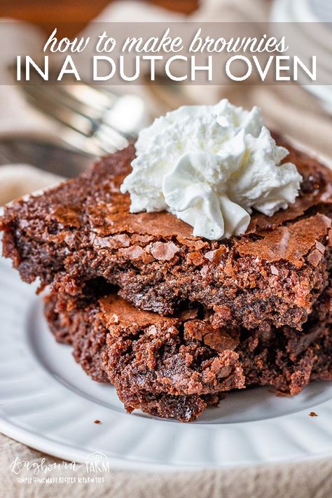 If you need a quick, delicious, and easy dessert when you're out camping, make brownies! Step-by-step directions for baking them in a dutch oven. #dutchoven #castiron #castironcooking #brownies #dutchovenbrownies #brownierecipe #dutchovenrecipe #dutchovencooking Campfire Dutch Oven Desserts, Oven Dessert Recipes, Dutch Oven Dessert, Dutch Oven Dessert Recipes, Camping Food Recipes, Oven Desserts, Food To Take Camping, Dutch Oven Desserts, Cooking Outdoors