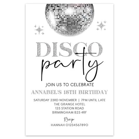 Disco Party Invitations, 18th Party Ideas, Disco Theme Party, Silver Disco Ball, Bday Party Invitations, 18th Birthday Party Themes, Sweet Sixteen Birthday Party Ideas, Disco Birthday Party, Happy Birthday Decor